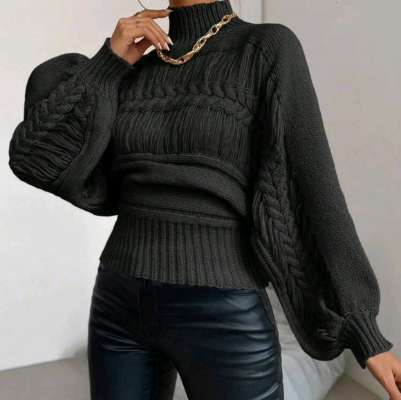 Luxe Mock Neck Cable Knit Lantern Sleeve Sweater Top - Picture 1 of 7